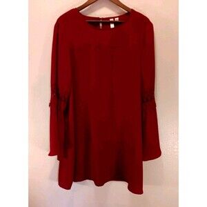 Tacera Red Bell Sleeve Shift Dress XL Crochet Lace Trim Long-sleeve Boho Mini